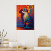 Colorful Pointillism Cat with Sunflowers Art Poster (Küche)