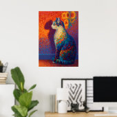 Colorful Pointillism Cat with Sunflowers Art Poster (Heimbüro)