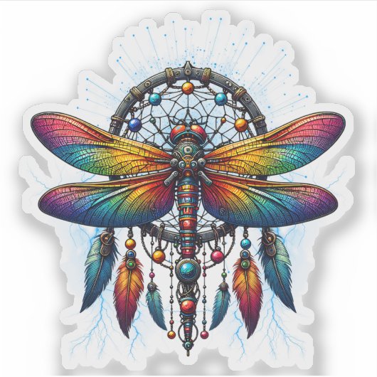 Colorful Psychedelic Dragonfly Dreamcatcher Boho Aufkleber (Vorderseite)