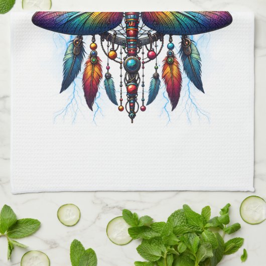 Colorful Psychedelic Dragonfly Dreamcatcher Boho Geschirrtuch (Gefaltet)