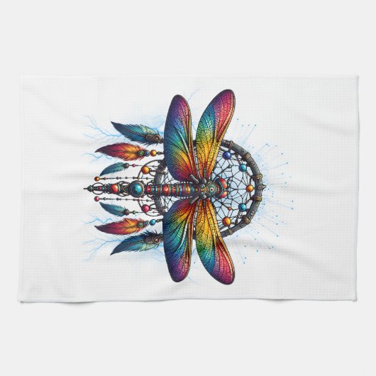 Colorful Psychedelic Dragonfly Dreamcatcher Boho Geschirrtuch (Horizontal)