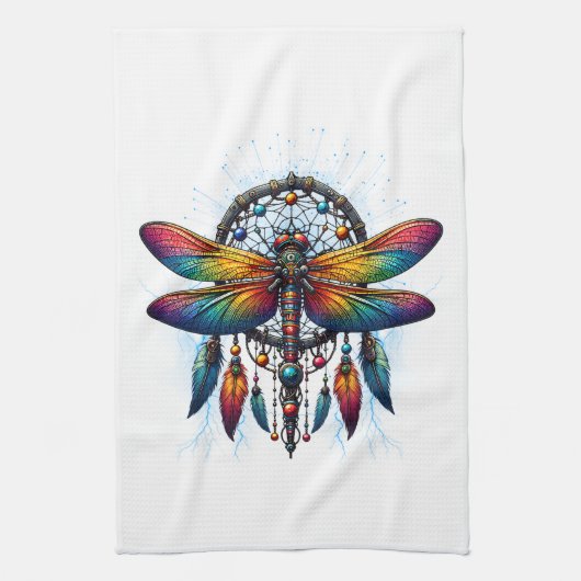 Colorful Psychedelic Dragonfly Dreamcatcher Boho Geschirrtuch (Vertikal)