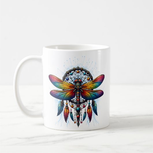Colorful Psychedelic Dragonfly Dreamcatcher Boho Kaffeetasse (Links)