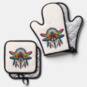 Colorful Psychedelic Dragonfly Dreamcatcher Boho Ofenhandschuh & Topflappen-Set (Vorderseite/Rückseite)