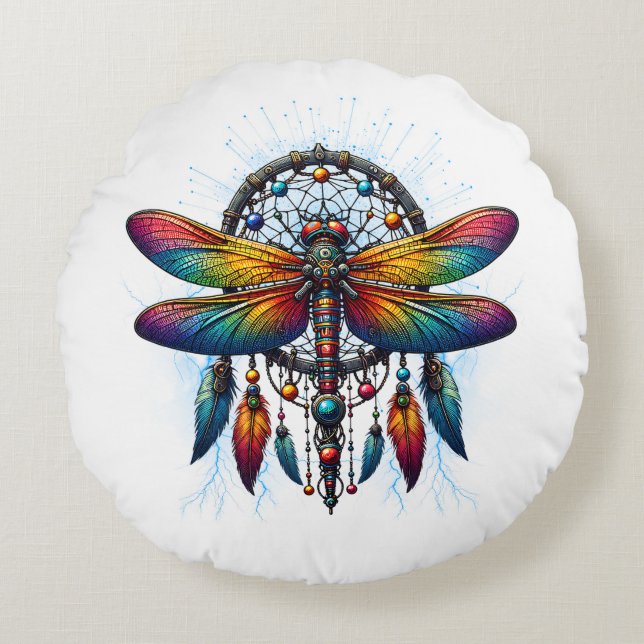 Colorful Psychedelic Dragonfly Dreamcatcher Boho Rundes Kissen (Vorderseite)