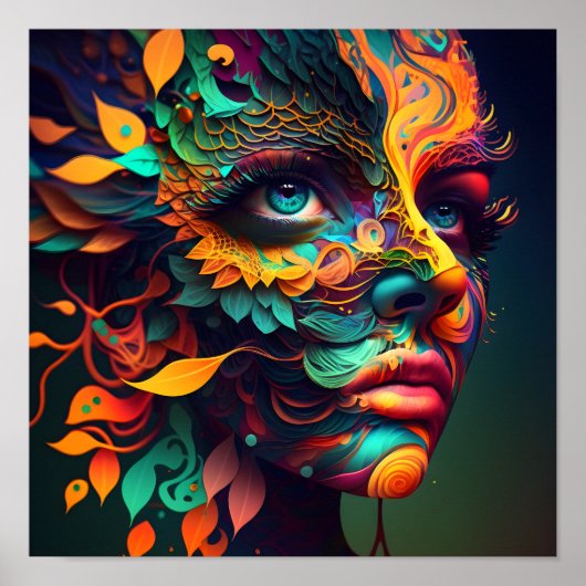 Colorful Psychedelic Female Face AI Generierte Kun Poster (Vorne)
