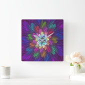 Colorful Psychedelic Flower Abstract Fractal Art Quadratische Wanduhr (Zuhause)