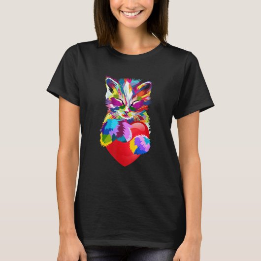 Colorful Rainbow Cat Smiling And Holding Heart T-Shirt (Vorderseite)