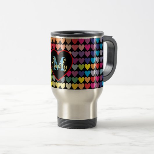 Colorful Rainbow Hearts Pattern Personalised Reisebecher (VorderseiteRechts)