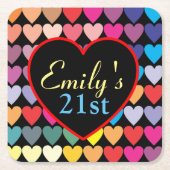 Colorful Rainbow Hearts Personalised 21st Rechteckiger Pappuntersetzer (Vorderseite)