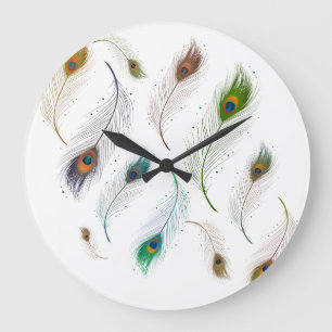 Colorful Realistic Peacock Bird Feathers Große Wanduhr