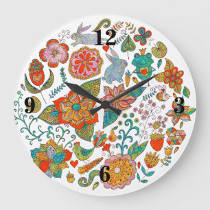 Colorful Retro Birds Flowers & Bunny Rabbits Große Wanduhr