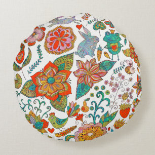 Colorful Retro Birds Flowers & Bunny Rabbits Rundes Kissen