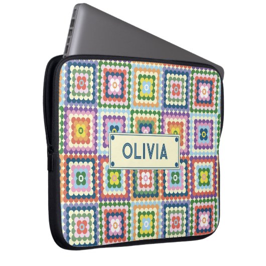 Colorful Retro Mid-Century Mid-Mod Crochet Blossom Laptopschutzhülle (Vorne Rechts)