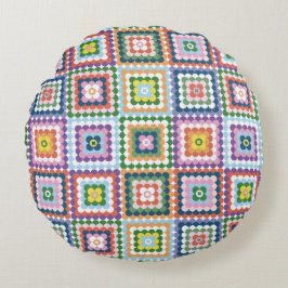 Colorful Retro Mid-Century Mid-Mod Crochet Blossom Rundes Kissen