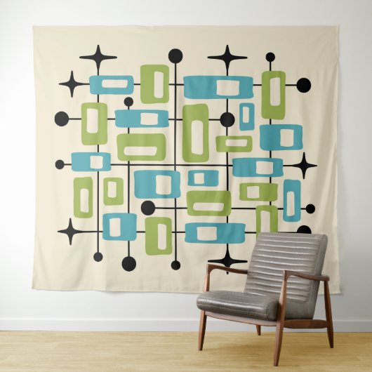 Colorful Retro Mid Century Modern Atomic Abstract Wandteppich (Beispiel (Horizontal))