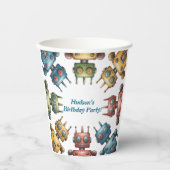Colorful Retro Robots Boy Birthday Party Pappbecher (Vorderseite)
