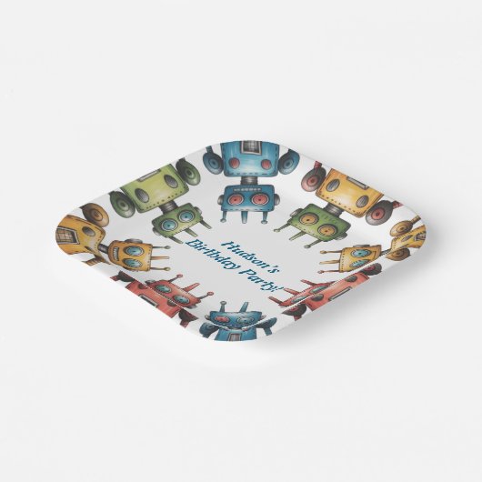 Colorful Retro Robots Boy Birthday Party Pappteller (Gewinkelt)