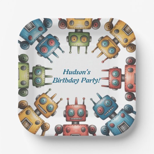 Colorful Retro Robots Boy Birthday Party Pappteller (Vorderseite)