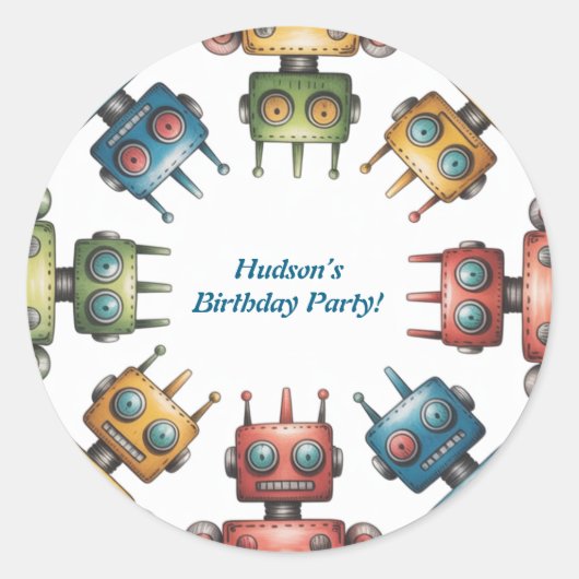 Colorful Retro Robots Boy Birthday Party Runder Aufkleber (Vorderseite)