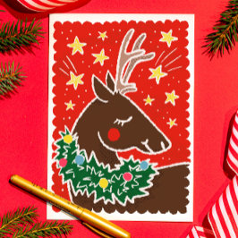 Colorful Retro Stamp Style Reindeer Feiertagskarte