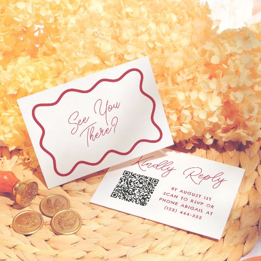Colorful Retro Wavy Frame QR Code Wedding RSVP Begleitkarte
