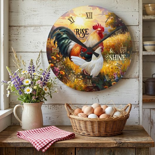 Colorful Rise and Shine Rooster Runde Wanduhr