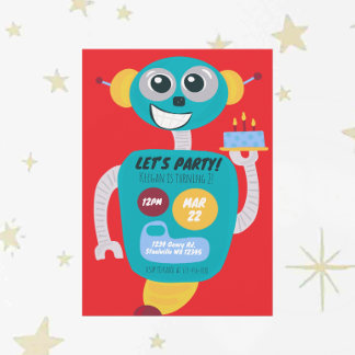 Colorful Robot Boys Second Birthday Invitation Einladung