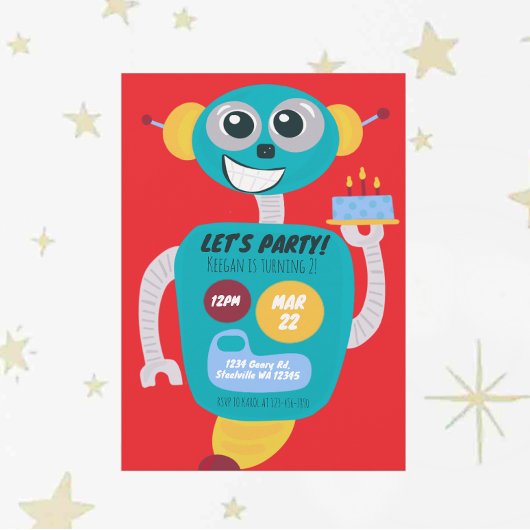 Colorful Robot Boys Second Birthday Invitation Einladung