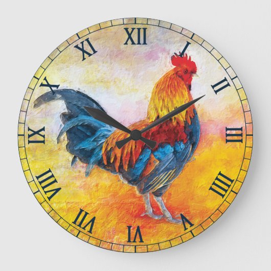 Colorful Rooster Große Wanduhr (Vorderseite)