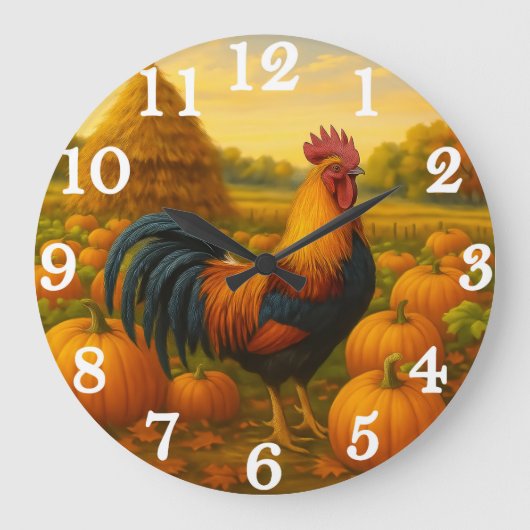 Colorful rooster in pumpkin harvest große wanduhr (Vorderseite)