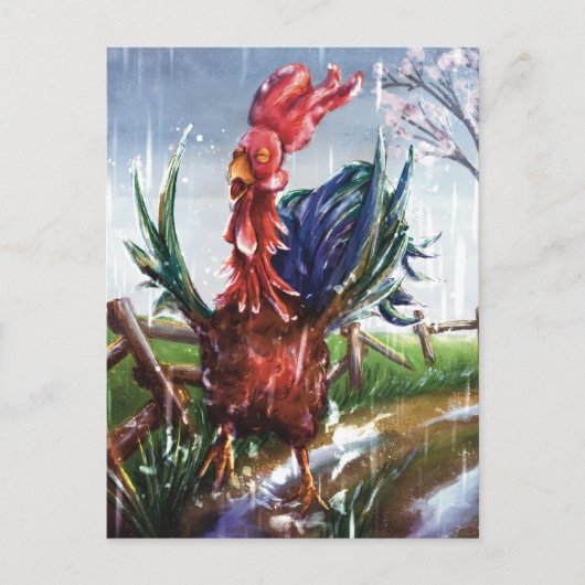 Colorful Rooster in Spring Rain Art Postcard Postkarte (Vorderseite)
