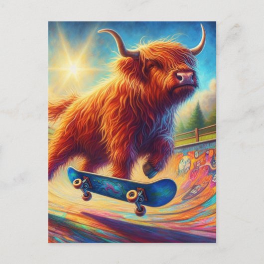 Colorful Scottish Highland Cow Skateboarding Postkarte (Vorderseite)