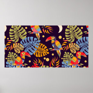 Colorful seamless pattern, exotic birds and plants poster