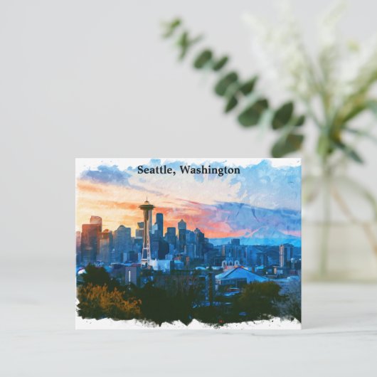 Colorful Seattle Washington Skyline Postkarte (Stehend Vorderseite)