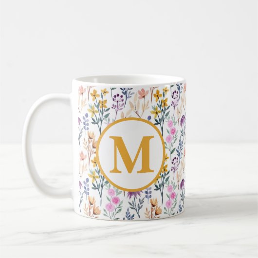 Colorful Spring Flower Watercolor Pattern Monogram Kaffeetasse (Links)