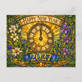 Colorful Stained Glass Floral New Year 2027 Feiertagspostkarte