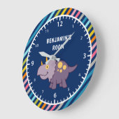 Colorful Stripes Cute Purple Dinosaur Kids Room Große Wanduhr (Winkel)