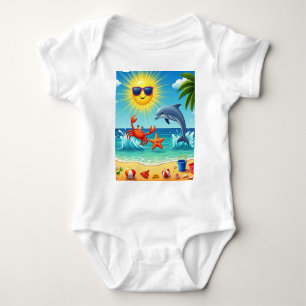 Colorful Summer Beach Crab Dolphin Blue Sky Baby Strampler