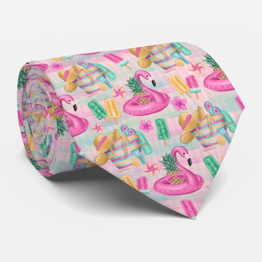 Colorful Summer Vibes Beach Flamingo Neck Tie Krawatte (Gerollt)