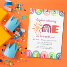 Colorful Sunshine Rainbow 1st Birthday Watercolor