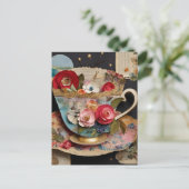 Colorful Teacup Collage Mixed Media Floral Postkarte (Stehend Vorderseite)