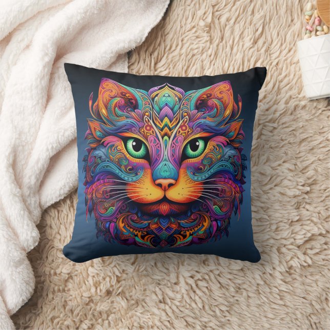 Colorful Tribal Cat - Vibrant Boho Kissen (Decke)