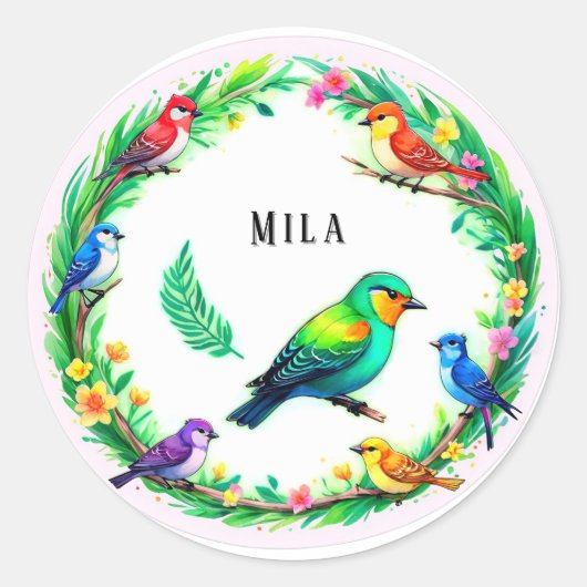 Colorful Tropical Birds Circle Floral Frame Runder Aufkleber (Vorderseite)