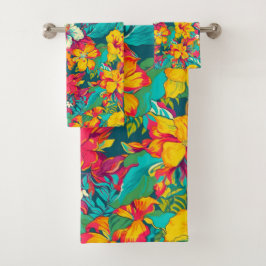 Colorful Tropical Flowers Pattern Badhandtuch Set