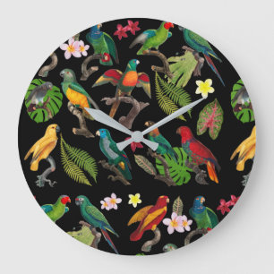 Colorful Tropical Parrots, Leaves & Flowers Große Wanduhr