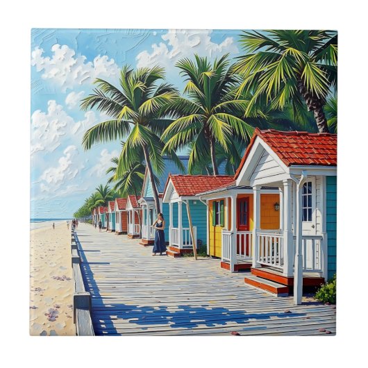 Colorful Tropical Vibrant Beach Huts Fliese (Vorderseite)
