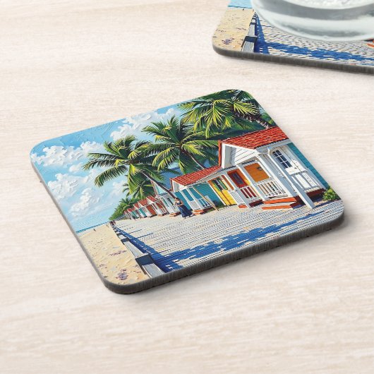 Colorful Tropical Vibrant Beach Huts Getränkeuntersetzer (Linke Seite)