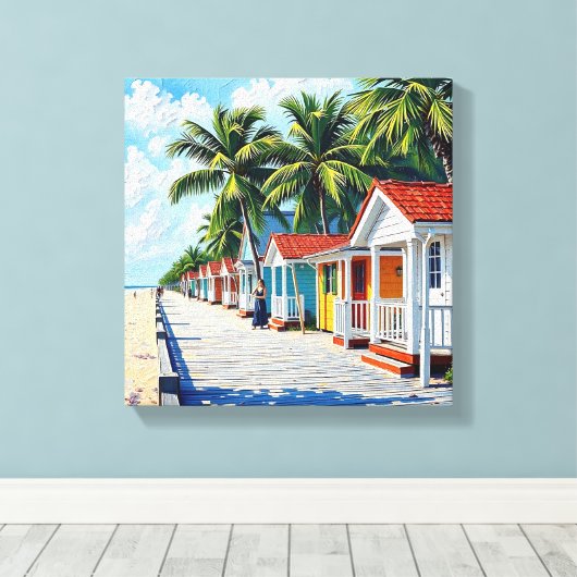 Colorful Tropical Vibrant Beach Huts Leinwanddruck (Insitu (Holzboden))