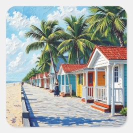 Colorful Tropical Vibrant Beach Huts Quadratischer Aufkleber